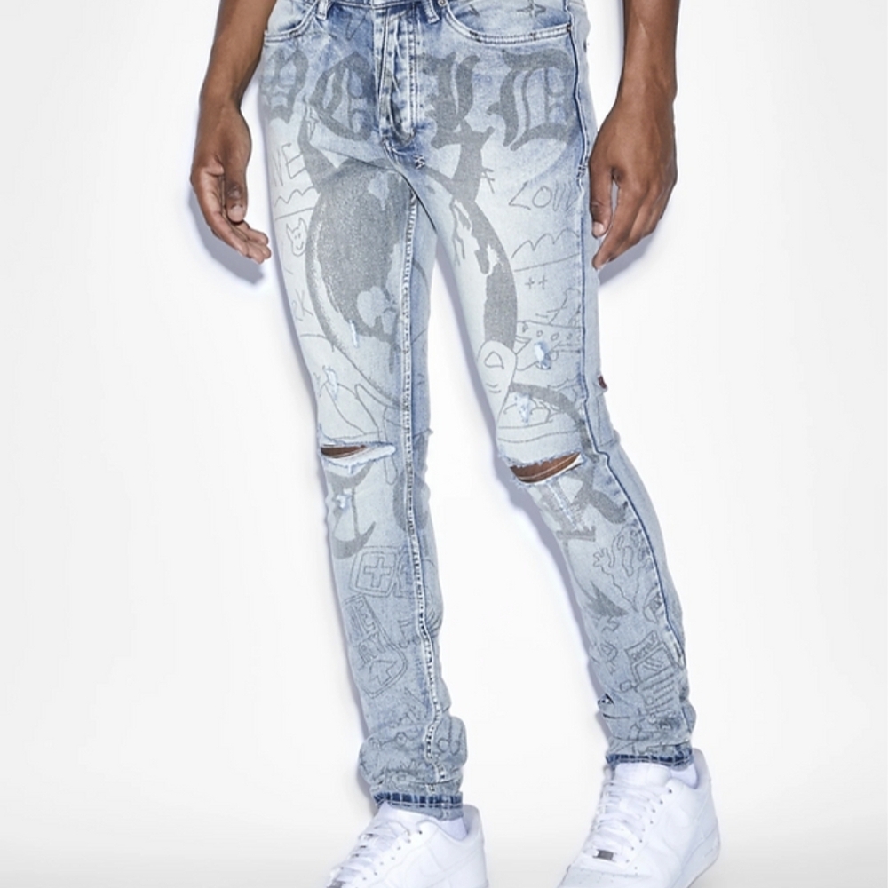 Ksubi Mid Irse Buttons Up Light Blue Graphic Skinny Jeans Mens Sz 38